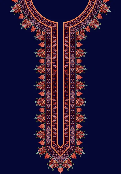 ネックの刺繍は 海軍ブルーの背景にギリシャ風のインドのクルタのための装飾 ファブリック カフタンのドレス アフリカのダシキシャツに印刷するためのカラフルなパターンデザイン — ストックベクタ