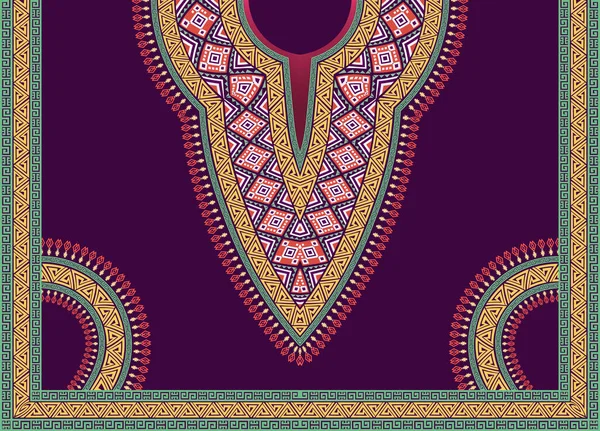 アフリカのダシキのシャツのための多彩な複雑な繰り返し幾何学的な装飾的な首のパターン設計 ギリシャのフレット ケルトの結び目 暗い紫色の背景の幾何学的なモチーフとの対称的なプリント — ストックベクタ
