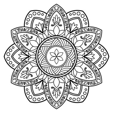 Beyaz arka planda siyah çizgili antik sanat mandala deseni. Yetişkin boyama kitabı sayfaları için uygun. Mandala sanat terapisi tasarımı. Vektör illüstrasyonu.