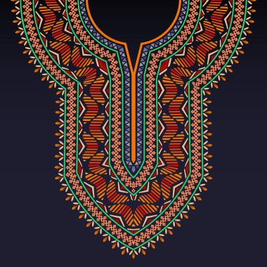 Dashiki gömleği için simetrik yaka deseni. Koyu mavi arka planda Kelt motifleri ve renkli geometrik şekiller var. Kaftan elbisenin nakış işlemesi, Kurta, Kurti ve bluz..