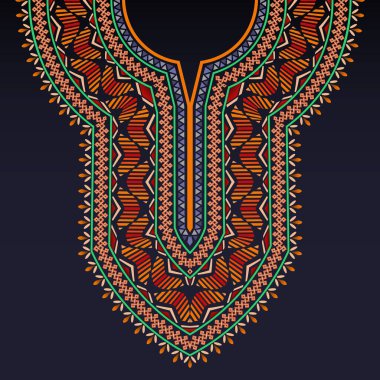 Symmetrical neckline pattern for dashiki shirt with Celtic motifs and colorful geometric shapes on the dark blue background. The embroidery neck design of the kaftan dress, kurta, Kurti, and blouse. clipart