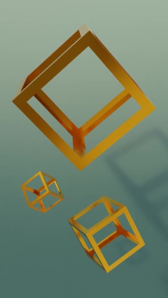 循环3D慢动作图形与旋转三个金黄色金属正方形结构 漂浮在空气中 3D渲染垂直视频 以舒缓和放松内容 — 图库视频影像