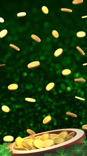 环状垂直动画背景的特点是一罐黄金 四叶草和下落的金币与模糊的绿色背景 用于圣帕特里克节内容的垂直视频 — 图库视频影像