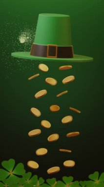 Animasyonlu dikey videoda yüzen yeşil bir leprikon şapka, düşen altın sikkeler ve yeşil arka planda dört yapraklı yoncalar yer almaktadır. Aziz Patrick Günü için uygun içerik.