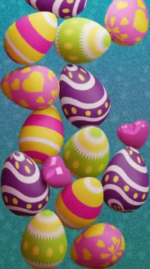 Dikey bir 3D döngü videosunda renkli Paskalya yumurtaları ve yere düşen pembe kalp balonları yer alıyor ve sonra tekrar düşüyor. Dijital olarak 3D, Mutlu Paskalyalar Günü kavramını canlandırdı.