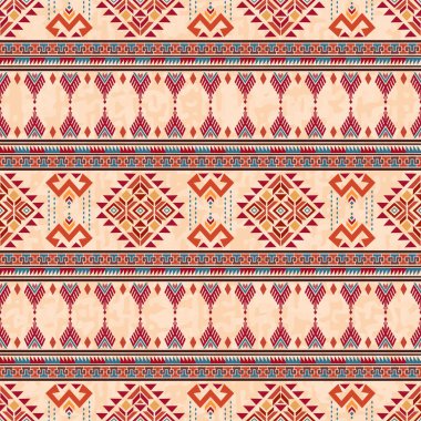 Tayland kabile sanatı, canlı motiflere sahip kusursuz tekstil desenleri kırmızı, turuncu ve mavi renklere sahiptir. Kumaş, tekstil, sarong ve halı için parlak renkli, soyut geometrik desen tasarımı.