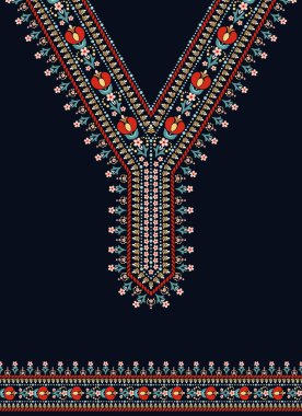 İskandinav halk sanatı tarzında koyu mavi arka planlı çiçek desenli bir tasarım. Kaftan, tunik, Afrika Dashiki tişörtü ve Hint Kurti 'sinin V yakasına nakış ya da baskı için uygun..