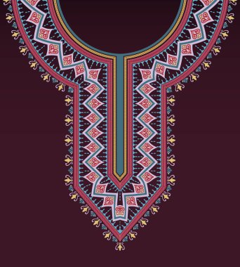 Karmaşık işlemeli boyun deseni tasarımı koyu mor bir arka planda renkli retro sanat, yeşillik ve çiçek motifleri içerir. Kadınların yuvarlak yakalı gömlekleri için bahar ve yaz moda tasarımı.