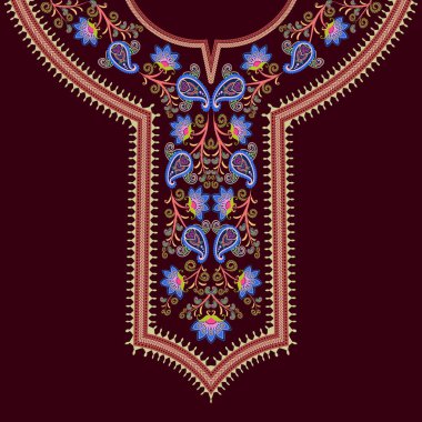 Çiçekli desenli nakış tasarımı ve koyu kırmızı arka planda sarmaşık tomarı motifleri. Kadın boynu yırtık elbisesi, kurta, kaftan ve dashiki gömlekleri için uygun renkli yaka desenleri..