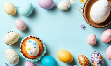 Renkli yumurta ve laleli paskalya pastaları.