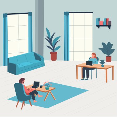 İki kişi rahat, aydınlık bir odada çalışıyor. Bitkiler, büyük pencereler ve modern mobilyalarla. Her biri huzurlu bir ofis ortamında dizüstü bilgisayarlarına odaklanıyor..