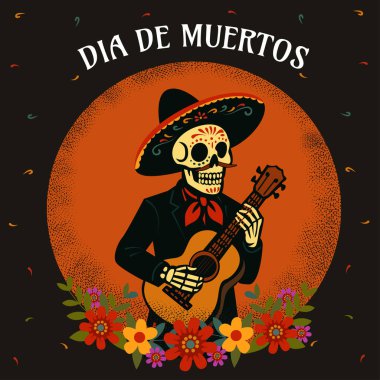 Açıklama: Sombrero giymiş neşeli bir iskelet mariachi, turuncu bir arka planda renkli çiçeklerle çevrili gitar çalar. Meksika Ölüler Günü 'nü kutluyoruz.