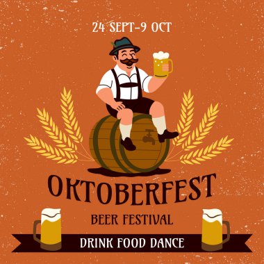   Tarif: Geleneksel Bavyera kıyafetleri içinde neşeli bir adam bira fıçısının üzerinde oturuyor, elinde bir kupa bira ve etrafında buğday çivileri var. Ekim Festivali Kutlaması.