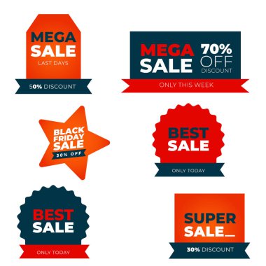 A vibrant collection of red and orange Mega Sale and Black Friday tags offering 3070% discounts. Perfect for promoting special offers, flash sales, and marketing campaigns.