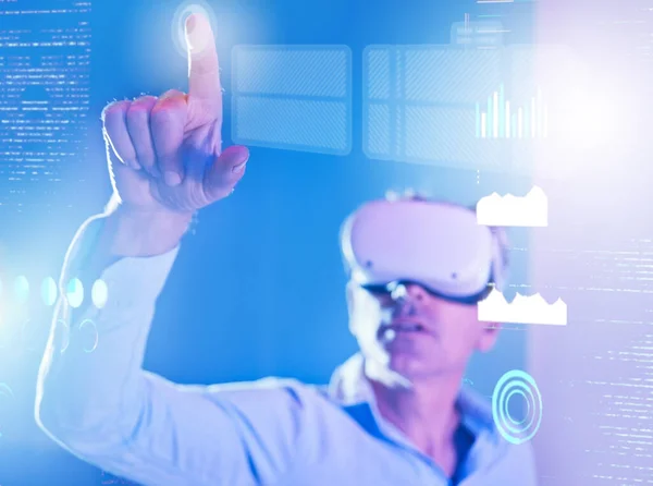 stock image Businessman, metaverse or virtual reality in data analysis, digital transformation ai or neon future company chart. Finance worker, hand and futuristic touch in vr headset or 3d investment management.