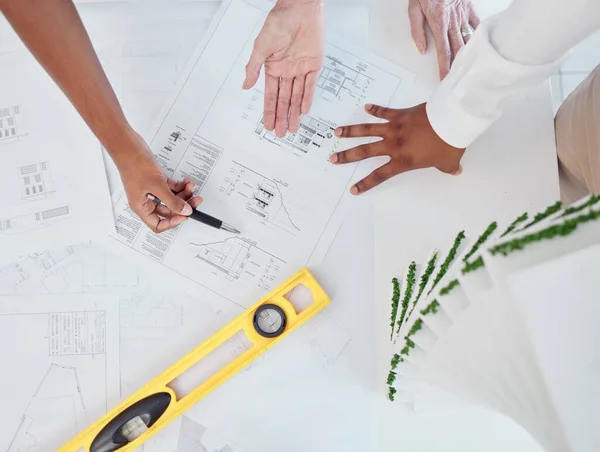 Architect Hands Construction Planning Voor Bouwindustrie Teamdiscussie Bijeenkomst Tafel Hand — Stockfoto