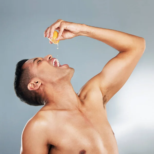 Health Man Orange Fruit Vitamin Skincare Wellness Immune Booster Grey — Stock Photo, Image