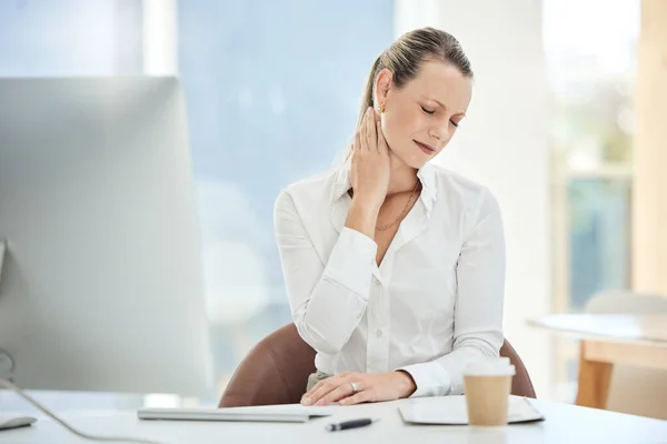 Stress Burnout Dolore Collo Con Donna Affari Ufficio Massaggio Ansia — Foto Stock