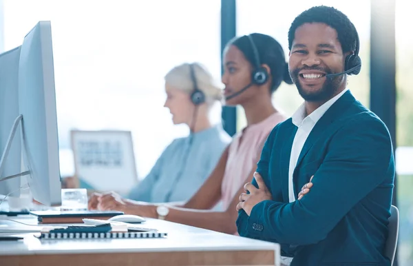 Call center, telemarketing and happy customer service consultant consulting, talking and helping in the office. Smile, telecom and African insurance sales agent working at a communications company.