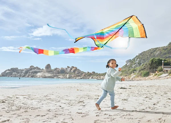 Beach Smile Girl Running Kite Holiday Vacation Trip Outdoors Having — Stock Photo, Image