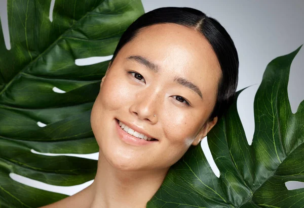 Face Beauty Asian Woman Monstera Leaf Gray Studio Background Beautiful — Stock Photo, Image