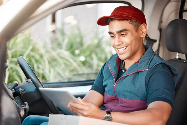 Man, car and tablet for delivery management, ecommerce order or online shopping transport logistics. Smile, happy or courier worker on technology in van for e commerce product or retail distribution.
