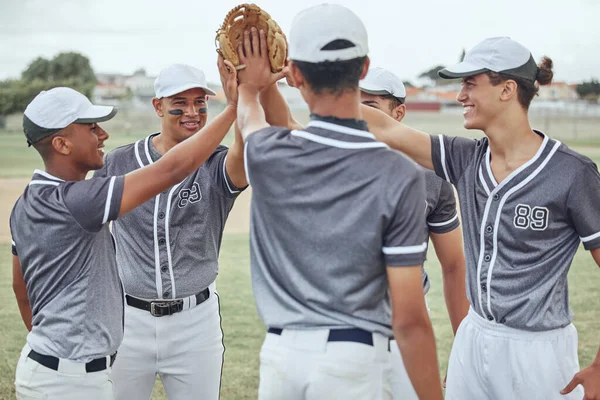 Les Mains Des Joueurs Baseball Connectent Pour Travail Équipe Motivation — Photo