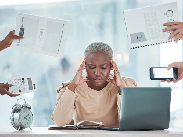 Office, stress or headache of black woman with hands holding documents, calculator or phone. Burnout, fatigue and frustrated finance marketing girl in panic for deadline demand of people