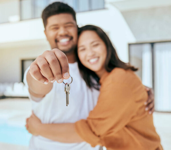 House keys, new home and couple real estate property for sale, buying and rent on home loan, building mortgage and investment. Hands of happy man, woman portrait and homeowner moving to neighborhood.