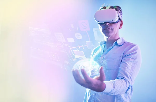 VR, man and global media, networking and metaverse data, world digital transformation or futuristic cyber software innovation. Technology abstract, virtual reality ux design or future user automation.