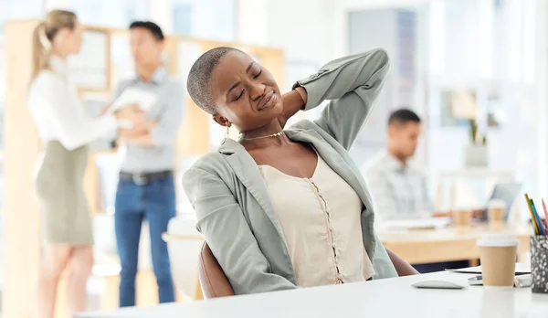 Anxiety, neck pain and work burnout of a office employee feeling stress about business job. Black woman working and frustrated about workplace deadline, report and audit with a mental health problem.