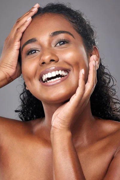 Face Portrait Skincare Beauty Woman Smile Facial Health Grey Mockup — Stock Photo, Image