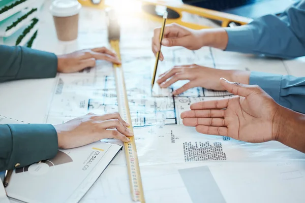 Handen Architectenteamwork Ontwerp Blauwdruk Voor Gebouw Architectuur Bouwproject Ingenieurs Samenwerking — Stockfoto