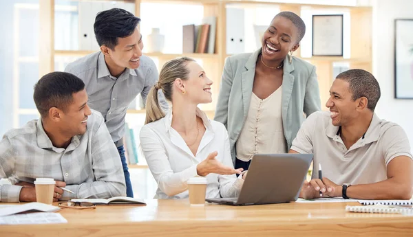 Business team planning, working and office laptop of teamwork, collaboration and work group. Corporate people laughing together showing solidarity and company online busy with a workplace meeting.