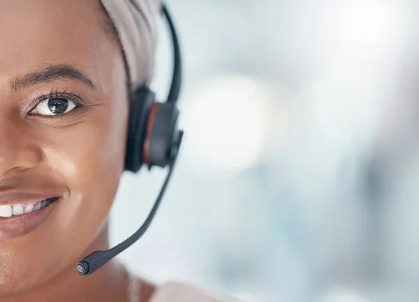 Call center, headset and portrait of agent in the office ready to work. Black woman consultant in customer service, crm and support for clients working in telemarketing, communication and help desk.