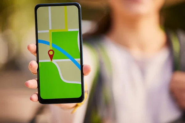 stock image Woman hand, phone screen or gps transport app, travel or delivery for direction of road, streets and city. Hands with 5g mobile smartphone map application or software service for web location route.