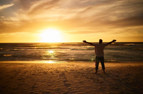 Liberdade Praia Homem Celebração Silhueta Pôr Sol Feliz Sucesso Natureza — Fotografia de Stock