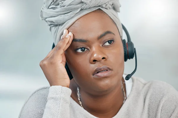 Call Center Hoofdpijn Zwarte Vrouw Met Depressie Stress Burn Out — Stockfoto