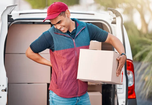 Delivery man with box, package in van and safe home shipping of online ecommerce retail product. Courier truck transport, internet goods orders and mail parcel to customer location in cardboard boxes.