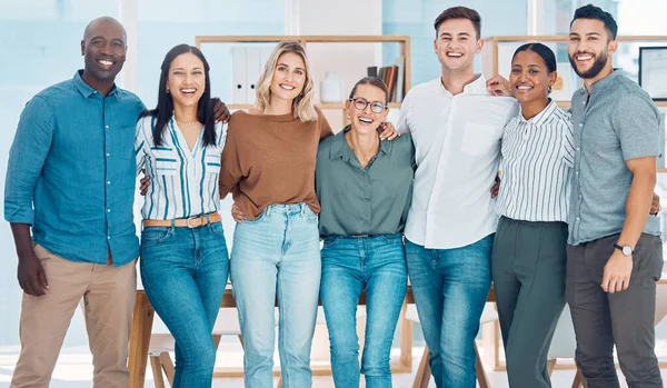 Diversity, smile and happy teamwork in a startup marketing and advertising office. Collaboration, portrait and motivation team in a creative workplace with support, vision and trust in a workplace.