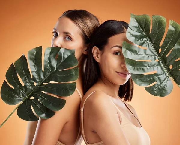 Diversity, beauty and skincare women friends with a plant leaf. Portrait of young cosmetic models with organic detox treatment, healthy and skin wellness against an orange mockup space background.