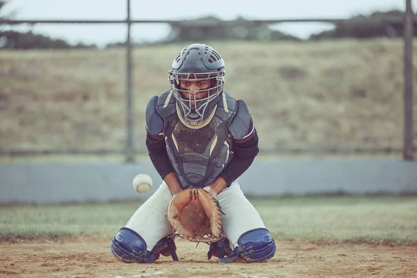 Baseball Sport Prendere Una Palla Con Atleta Uomo Ricevitore Campo — Foto Stock
