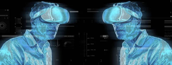 Réalité Virtuelle Métaverse Hologramme Avec Homme Utilisant Des Lunettes Pour — Photo