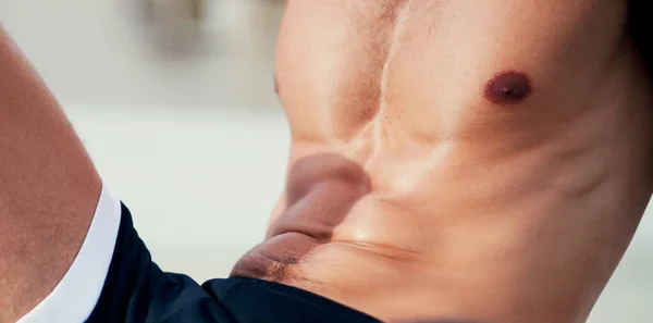 His Routine Absolutely Works Out Him Closeup Shot Unrecognizable Shirtless — Stock Photo, Image