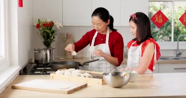 Cooking Learning Asian Mother Girl Kitchen Chinese Lunar New Year — Stock Video