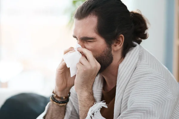 Hopefully Ill Feeling Better Tomorrow Sickly Young Man Blowing His — Stock Photo, Image
