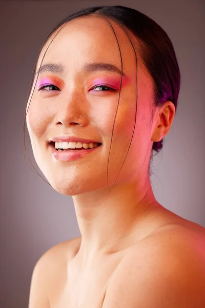 Face Makeup Beauty Model Asian Woman Studio Gray Background Promote — Stock Photo, Image