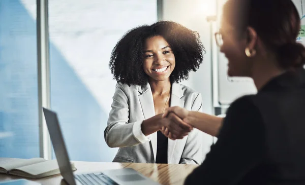 Happy Could Reach Agreement Two Businesswomen Shaking Hands Office — Stock Photo, Image