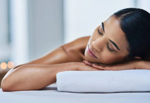 Passed Out Relaxed Cheerful Young Woman Getting Massage Indoors Spa — Stock Photo, Image