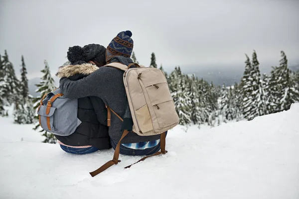 欣赏大自然的美丽 一对情侣欣赏雪景的后视镜镜头 — 图库照片
